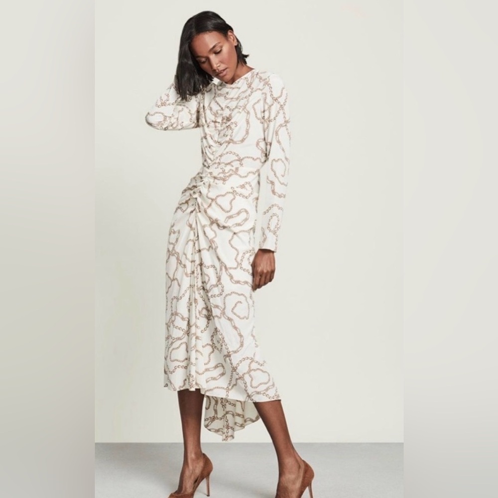 Veronica Beard Cream Chain-Print Long Sleeve Midi Dress Silk